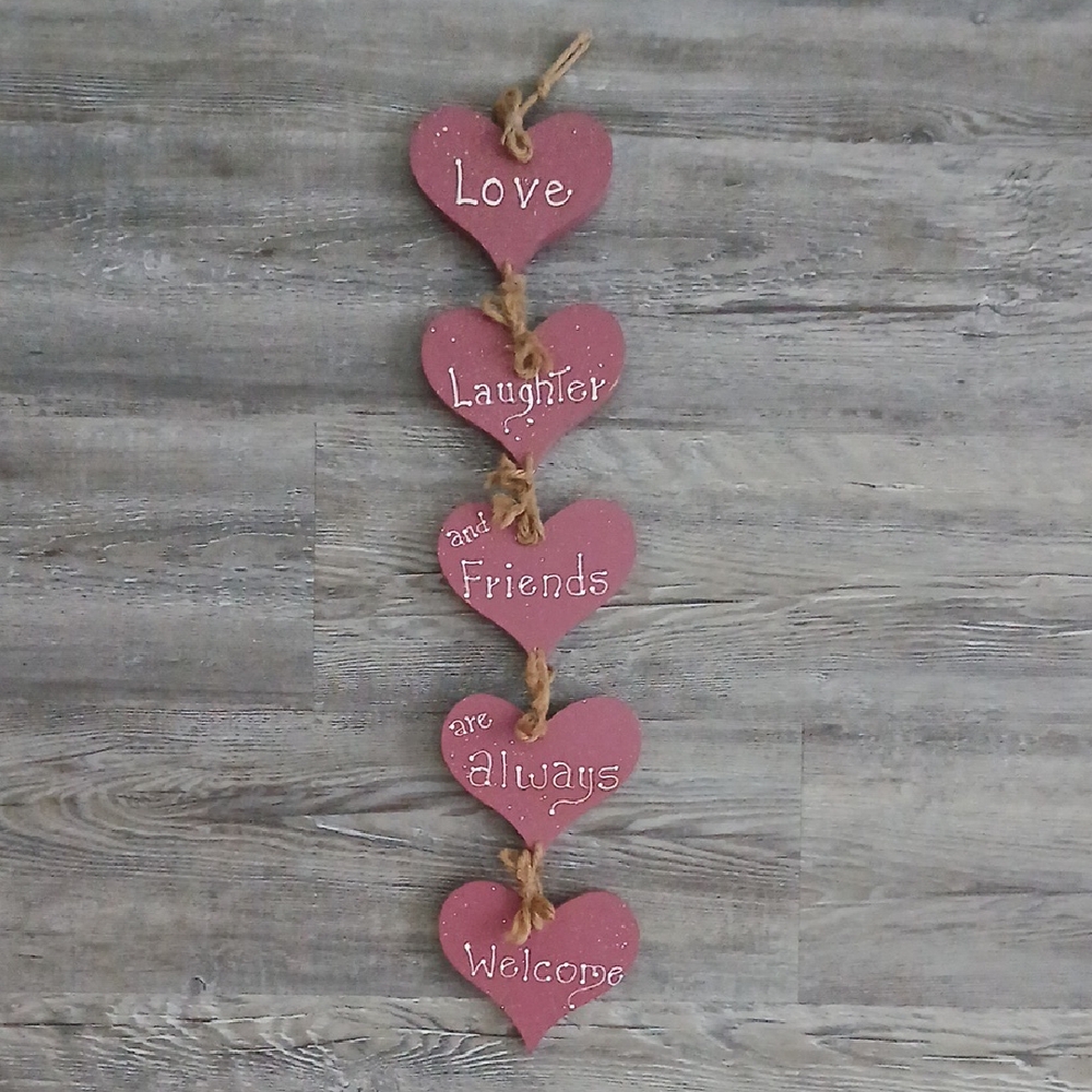 1990's Handmade Pink Heart-Shaped Wooden Wall Hanging Farmhouse Country Decor